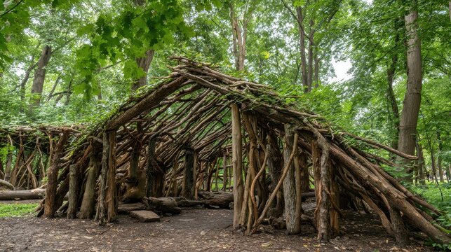 A rustic lean-to shelter frame constructed from sturdy branches and logs in a dense forest setting