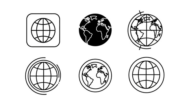 Set of globe and world map icons, linear style for web navigation