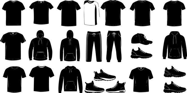 Damaged and worn clothing line icons set including ripped jeans patched jackets old shirts stained t shirts and broken zipper details
