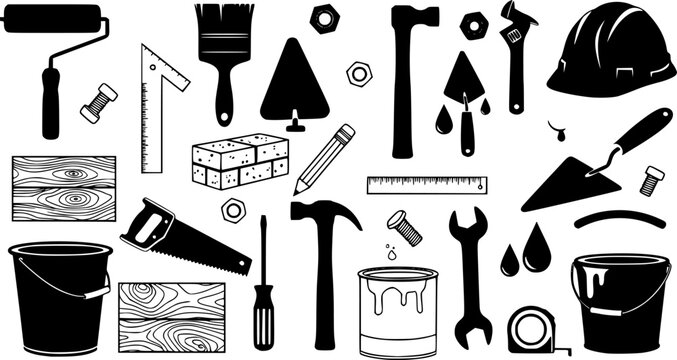 Set of black outlined construction tools and equipment, including shovel, roller, cone, barrier, jackhammer, and truck.
