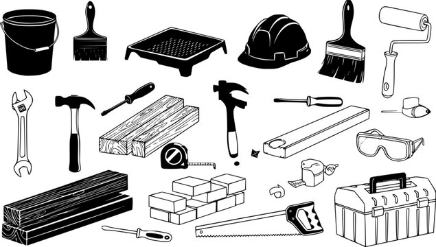 Set of black outlined construction tools and equipment, including shovel, roller, cone, barrier, jackhammer, and truck.
