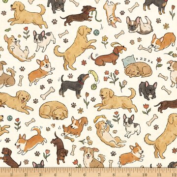 Seamless pattern of various playful dog breeds with bones and paw prints 