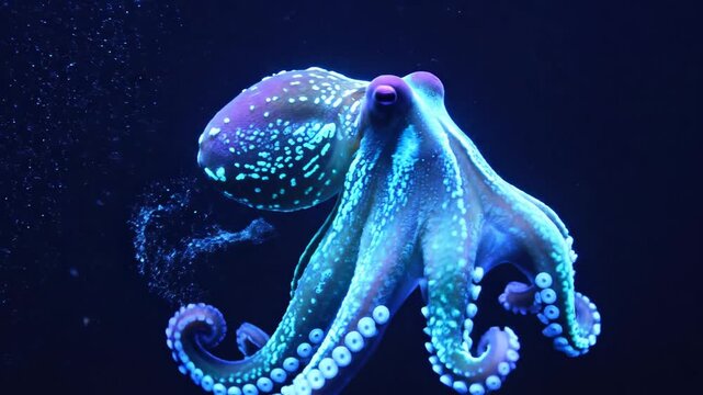 Majestic Glowing Octopus swimming through deep dark blue water with bioluminescent skin patterns and visible suckers ideal for marine life documentaries and nature backgrounds.
