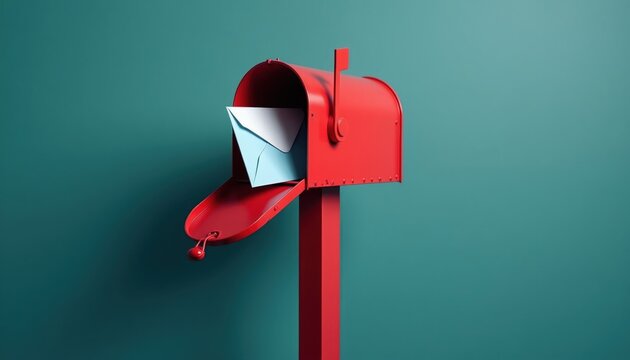 Red mailbox with open door shows envelope and paper inside. Postal box on teal background waits for mail. Traditional mail delivery service concept graphic.