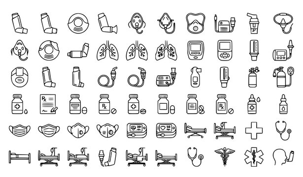 Asthma Treatment and Respiratory Care Medical Icon Collection with Inhalers Lungs and Therapy Equipment