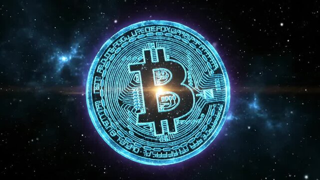 Bitcoin glows blue in cosmic space with stars. Cryptocurrency coin floats in digital space. Bitcoin symbol shines in starry cosmos. Crypto bitcoin in space with nebula. Digital coin glows blue.