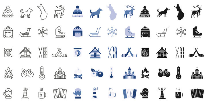 A collection of icons in various styles featuring images of Finnish symbols. 10 EPS.