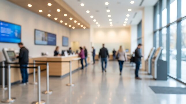 Blurred interior of modern bank lobby with customers and staff members interacting in professional financial services environment with bright lighting and clean minimalist design architecture