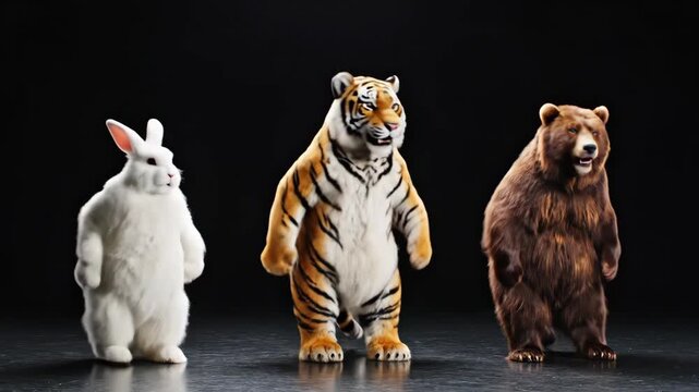 Majestic Animal Trio featuring a white rabbit, Bengal tiger, and brown bear standing upright against a dark studio background perfect for nature documentaries or creative advertising.