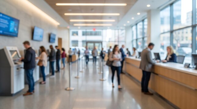 Blurred view of modern bank lobby with people visiting financial center and using self service banking technology in spacious professional office environment with floor to ceiling windows