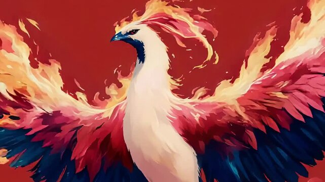 Mythical phoenix spreading flaming wings against red background. Magical bird of fire rising from ash concept. Legendary creature in flight for fantasy artwork.