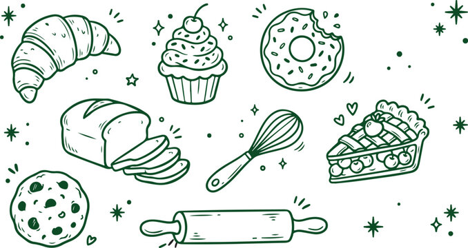 Bakery Delights: A whimsical illustration showcases an array of baked goods and baking tools. Explore the art of baking with this image.