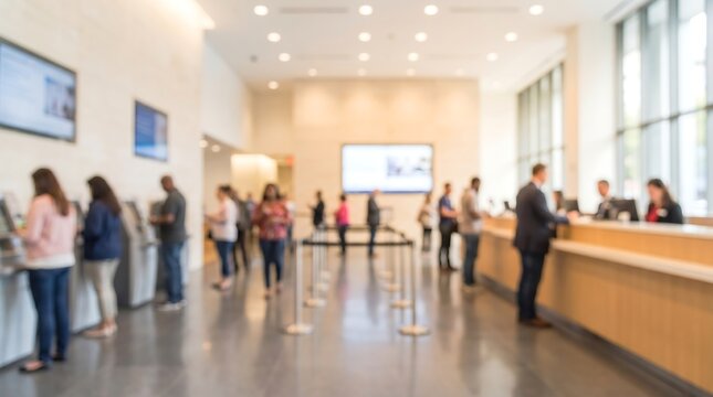 Blurred busy bank branch interior with customers and staff in professional financial service setting with light wood counters and spacious architectural design and bright ambient lighting