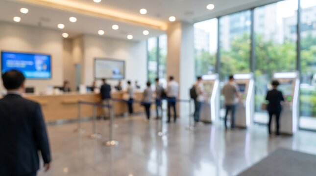Blurred view of busy bank interior with people using self service kiosks and interacting with bank tellers in bright modern financial center setting with glass windows and open space