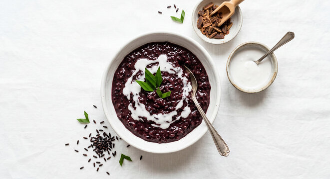 Authentic Indonesian Bubur Ketan Hitam Black Glutinous Rice Porridge in White Bowl with Coconut Cream Drizzle and Pandan Leaf on Clean White Background