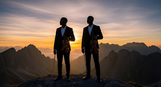 Two violinists in suits on mountain peak at sunset, dramatic sky, epic landscape