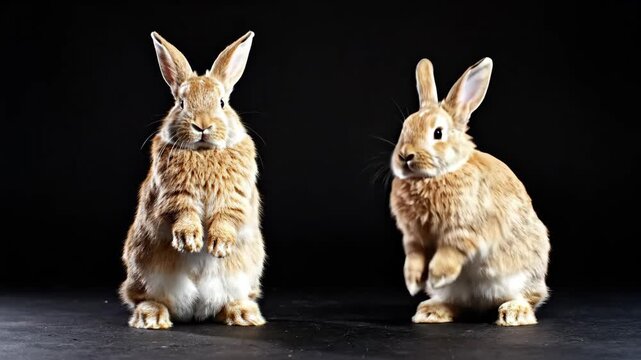 Adorable Brown Rabbits Studio Portrait featuring one bunny standing upright and another sitting against a dark background ideal for Easter marketing and pet shop commercials.