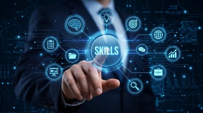 Professional businessman touching virtual interface screen with skills development and career growth icons highlighting training education professional advancement and corporate expertise
