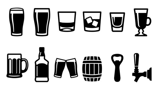Irish Pub Drink and Beverage Glass Black Silhouette Icon Set