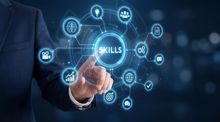 Fototapeta premium Businessman interacting with virtual reality interface displaying professional skills and development icons for career growth and organizational performance management strategy concept