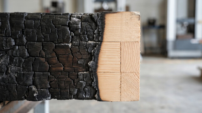 Char layer on a fire-tested glulam beam after a one-hour burn showing residual cross-section beneath the blackened surface lit by overhead lab strip lights
