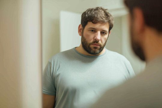 Overweight Man Looking at Himself in Mirror Feeling Frustrated About Body Image and Weight Gain