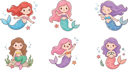 Fototapeta premium Cute Cartoon Mermaid Collection Set with Colorful Fantasy Characters Underwater Illustration for Kids Nursery and Children Design