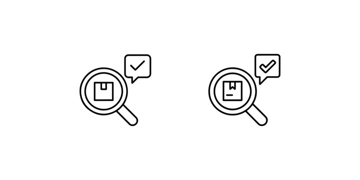 Magnifying glass with package and check mark icon for quality control and product inspection.