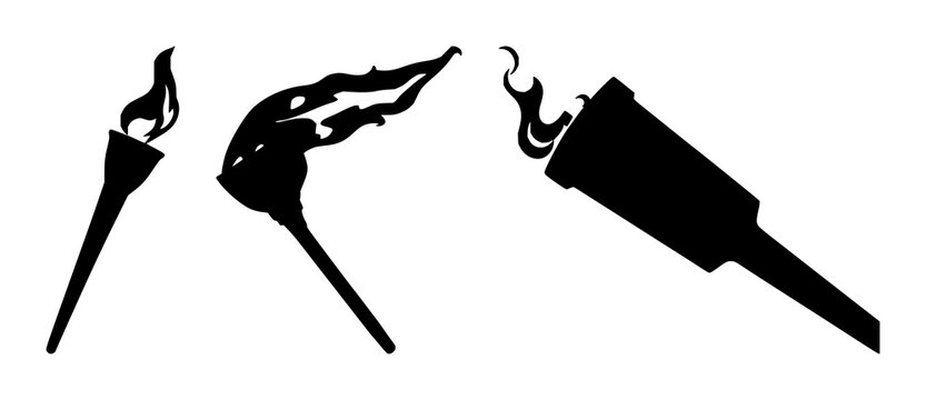 Torch silhouette set with single flame icon on stark white background featuring torch, silhouette, flame with black and white and minimalist