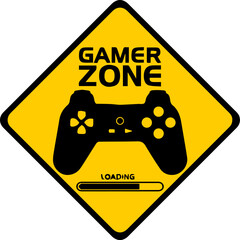 Yellow Gamer Zone Warning Sign with Game Controller and Loading Progress Bar © Solo