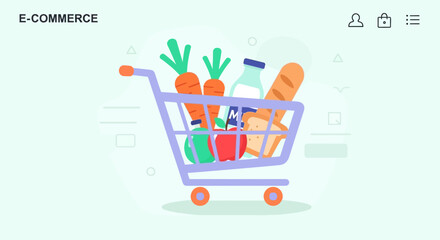 Flat vector illustration of a shopping cart filled with fresh groceries including carrots bread milk and an apple representing a digital e-commerce purchase for a modern online grocery store website. © MstParvin