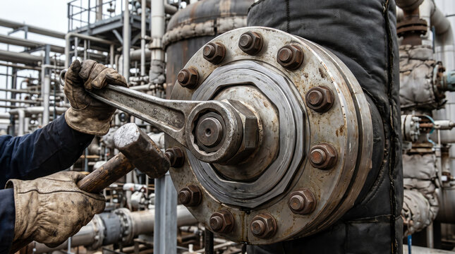 Ring-type-joint flange being torqued with a hammer wrench during a refinery vessel nozzle close-up under crisp morning unit-yard daylight on a turnaround day