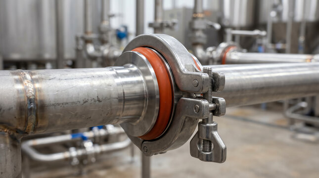 Sanitary tri-clamp flange union on a dairy-grade stainless line with a silicone gasket and quick-release clamp inside a clean-in-place process room of a creamery