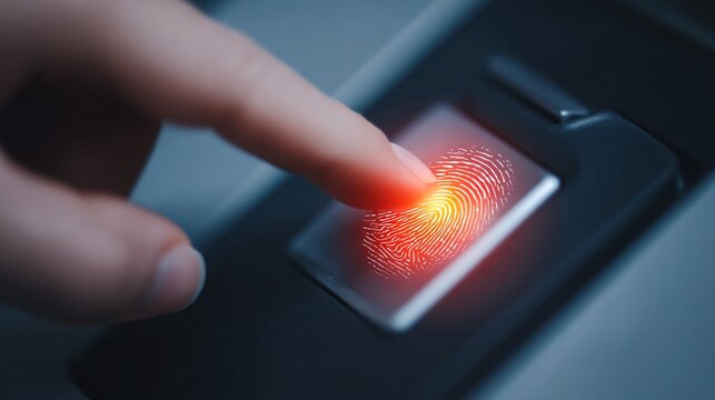hand pressing biometric fingerprint scanner, multi-factor authentication, cybersecurity protocol, clean tech lighting