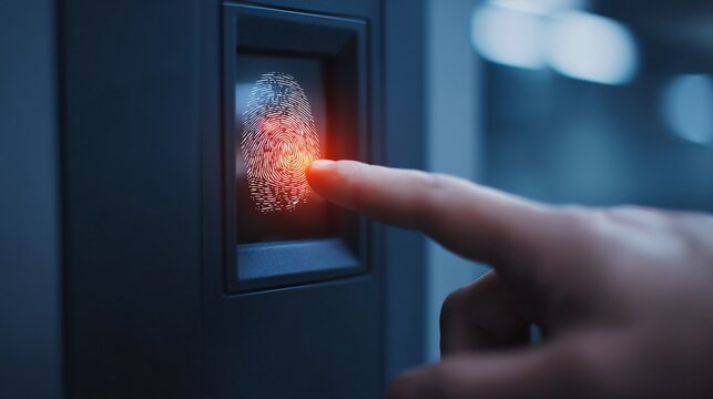 hand pressing biometric fingerprint scanner, multi-factor authentication, cybersecurity protocol, clean tech lighting