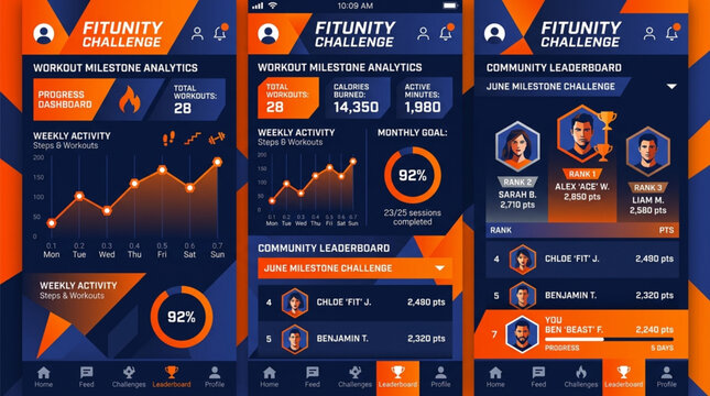 Fitness app interface showing progress charts and user profiles.