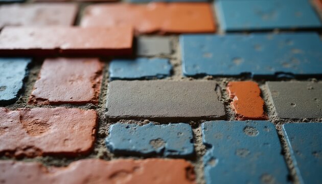 Close-up of a textured brick wall featuring orange blue and grey bricks. The weathered masonry shows rough surfaces and visible grout lines. This abstract background offers a rustic design element.