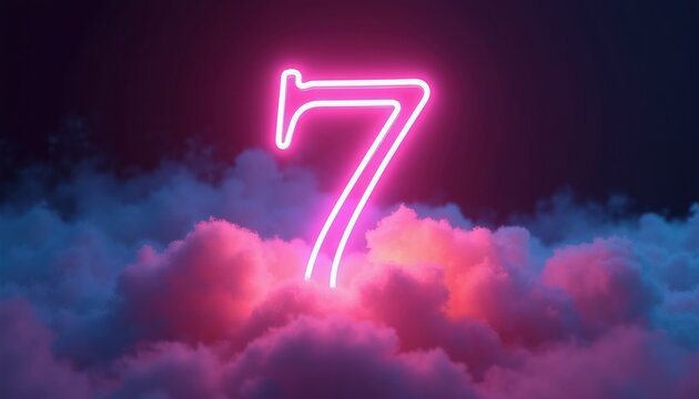 Neon number seven glows bright pink within soft pink and blue clouds. Abstract fantasy background with digital art, futuristic theme and vibrant colors.