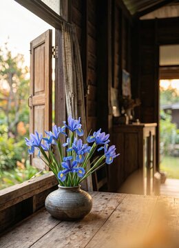 Generated AI set photos Iris flowers bouquet in rustic wooden cottage window at sunset