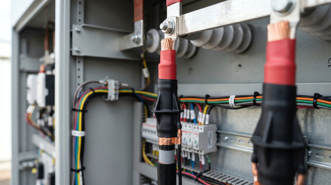 Medium-voltage cable termination heat-shrink kit being installed on a 15-kilovolt feeder inside a switchgear cubicle under cool fluorescent control-room lighting on a fit-out shift
