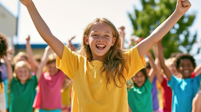 smiling preteen girl leading diverse group of children outdoors at a colorful summer camp playground, cheering and celebrating together