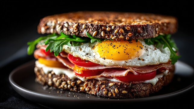 Breakfast sandwich with sunny side up egg arugula tomato and bacon on toasted whole grain seeded bread against a dark background