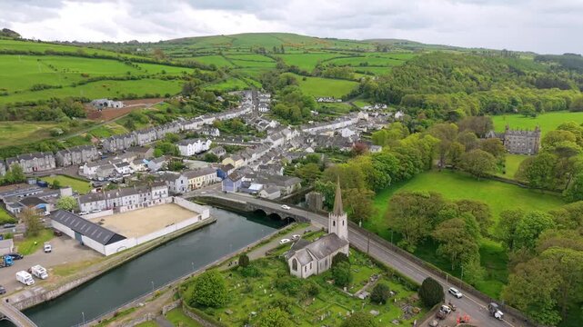 Overhead 4K 60FPS aerial video of Glenarm in County Antrim, Northern Ireland in the UK. Produced in 3840x2160 and with Rec709 color.