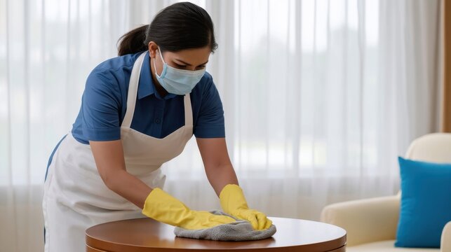 Woman wearing protective face mask and yellow rubber gloves cleaning round wooden table in bright living room for hygiene and home maintenance