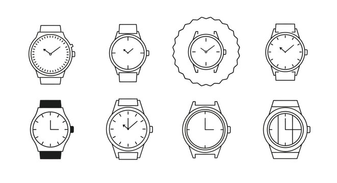 Set of minimalist wristwatch line art icons, timekeeping accessories
