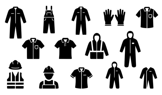 Workwear and Protective Clothing Vector Icon Set Including Coveralls, Overalls, Jackets, Gloves, and Safety Uniforms for Construction, Industry, and Stock Designs