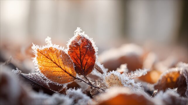 Delicate frost formations coating autumn leaves in winter sunlight