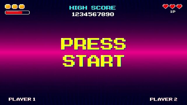 PRESS START. insert coin to continue. pixel art 8 bit. Retro Futurism Sci-Fi Background. glowing neon grid and stars from vintage arcade computer games.