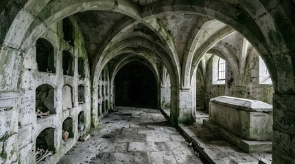 Obraz premium Abandoned vaulted hallway architecture deep moody decay interior