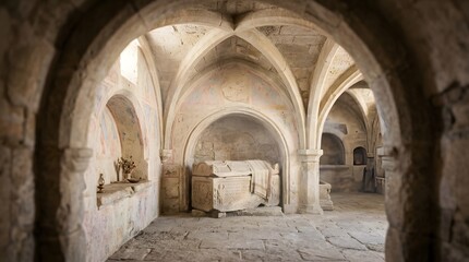 Obraz premium Ancient Stone Archway Interior of Historic Church or Basilica